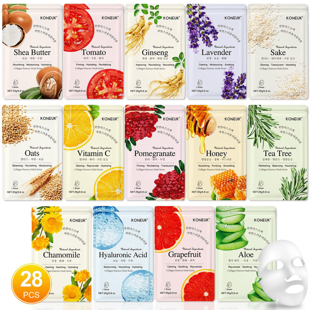 KONEUK 28-pack sheet masks variety set ready for at-home spa hydration