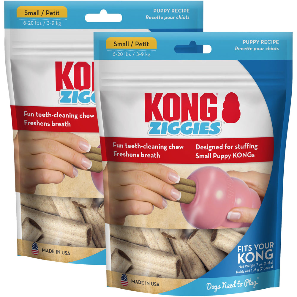 KONG Puppy Ziggies treats in a resealable pack for gentle puppy enrichment.