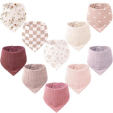 Konssy muslin baby bibs 10-pack bandana design for gentle drool absorption.