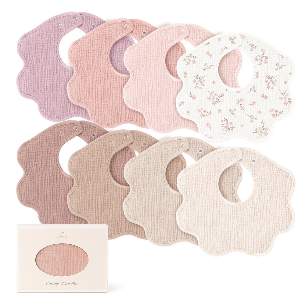 Konssy Muslin Baby Bibs 8-pack: soft cotton bibs offer gentle absorption.