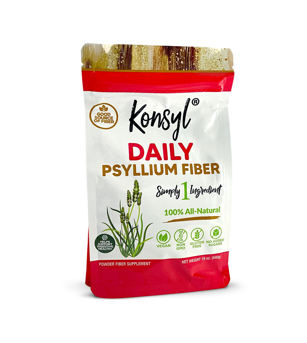 Konsyl psyllium bottle pour showcasing convenient daily fiber for digestive support