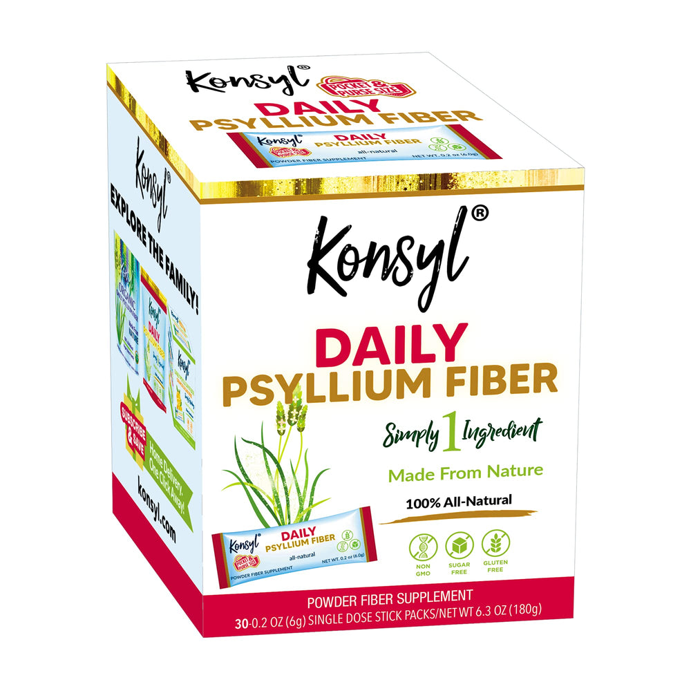 Konsyl daily psyllium stick-pack on a desk, convenient fiber on the go.