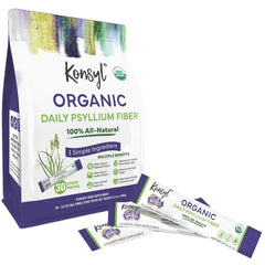 Konsyl psyllium husk stick packaging shown for convenient daily fiber on-the-go