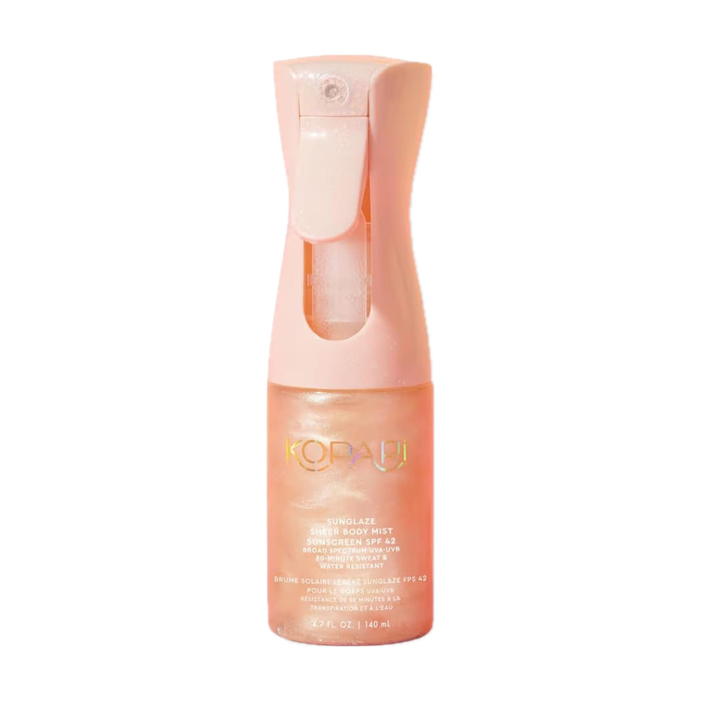 Kopari Rose Gold Sunglaze bottle spray highlights SPF 42 protection and a radiant finish.