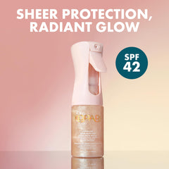 Kopari Rose Gold Sunglaze bottle under sunlight showcases lightweight, sheer sunscreen.