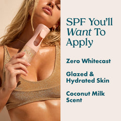 Kopari Rose Gold Sunglaze shimmer on skin hints at a glow while protecting.