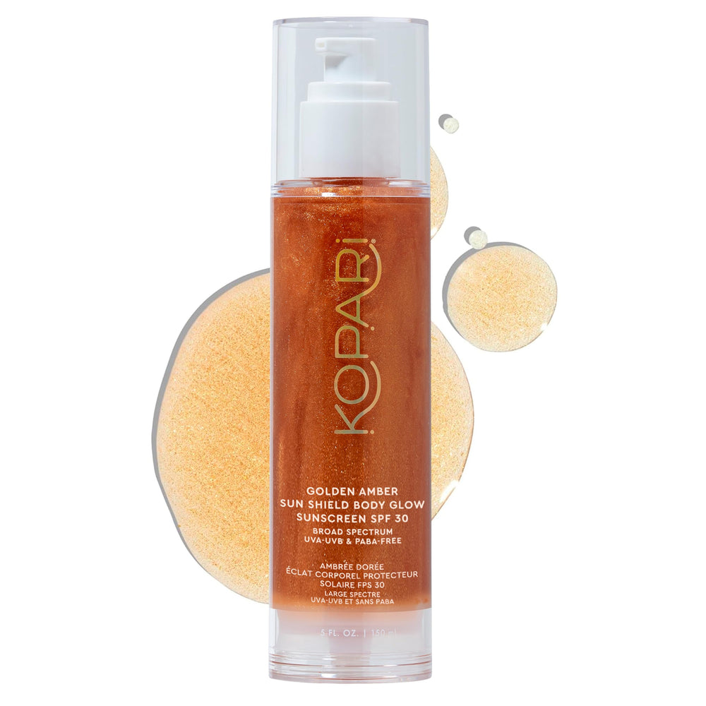 Kopari Sun Shield Body Glow bottle showing radiant bronze shimmer for daily sun care.