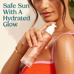 Kopari Sun Shield Body Glow macadamia hibiscus oil nourishes skin while glowing.