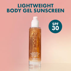 Kopari Sun Shield Body Glow swatch reveals golden shimmer and SPF comfort.
