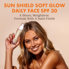 Kopari Sun Shield Soft Glow cream-gel-texture highlights light-weight, non-greasy SPF for makeup-ready skin.