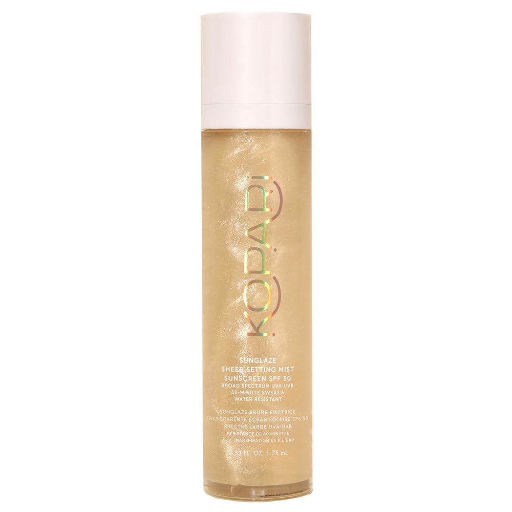 Kopari Sunglaze setting mist bottle showing SPF 50 protection for a dewy finish.
