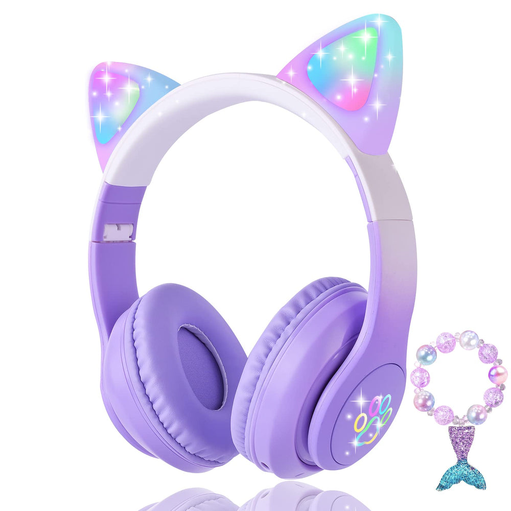 KORABA cat-ear headphones with purple LED lights, ideal for kids.