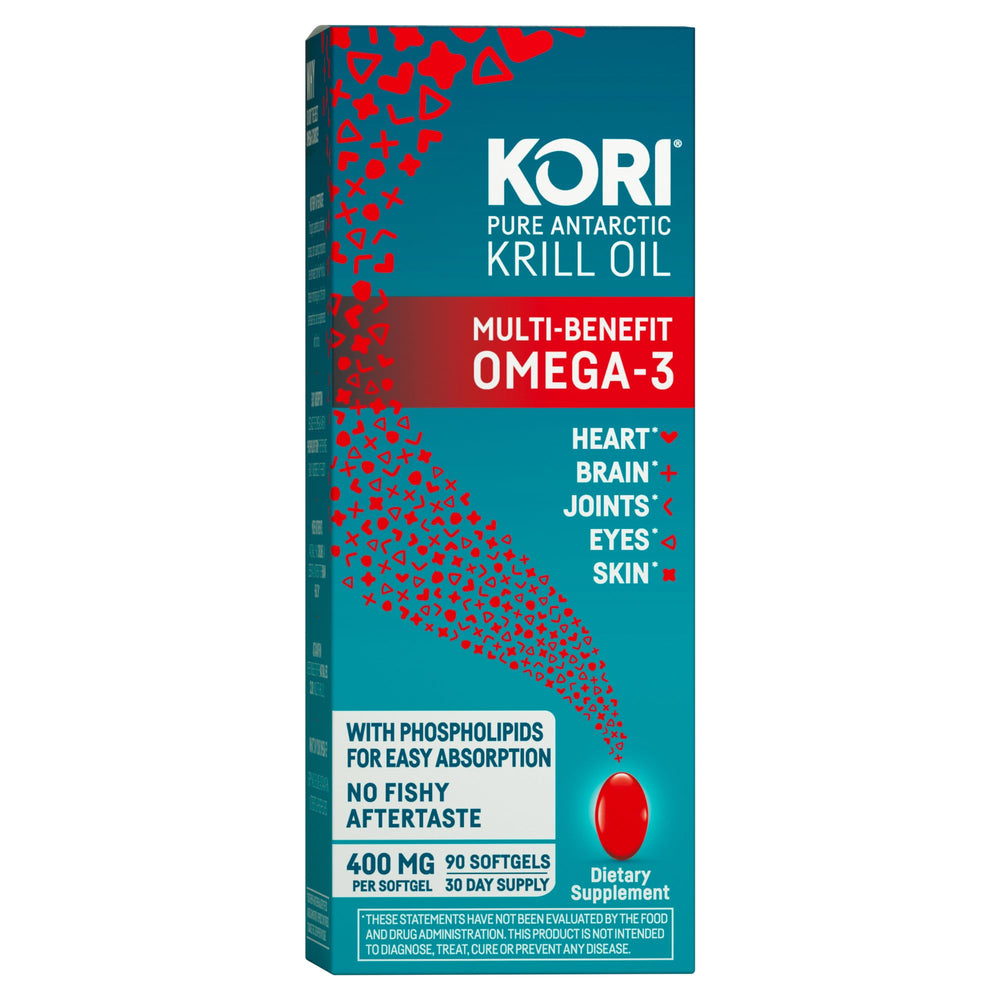 Kori Krill Oil softgels bottle on display supports daily heart and brain health.