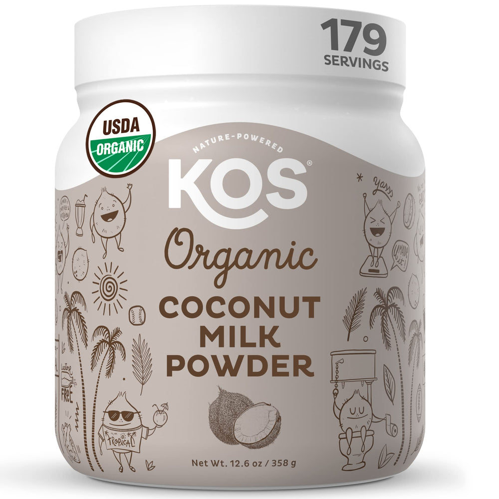 KOS Coconut Milk Powder tub front, showcasing organic packaging and dairy-free creaminess for coffee.