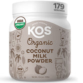KOS Coconut Milk Powder tub front, showcasing organic packaging and dairy-free creaminess for coffee.