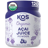 KOS Organic Acai Juice Powder bottle showcases antioxidant-rich superfood for smoothies.