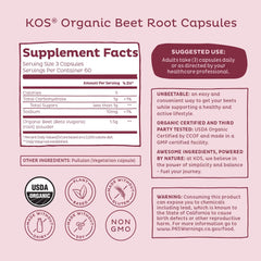 KOS Organic Beetroot Capsules close-up showing red capsules for daily intake.