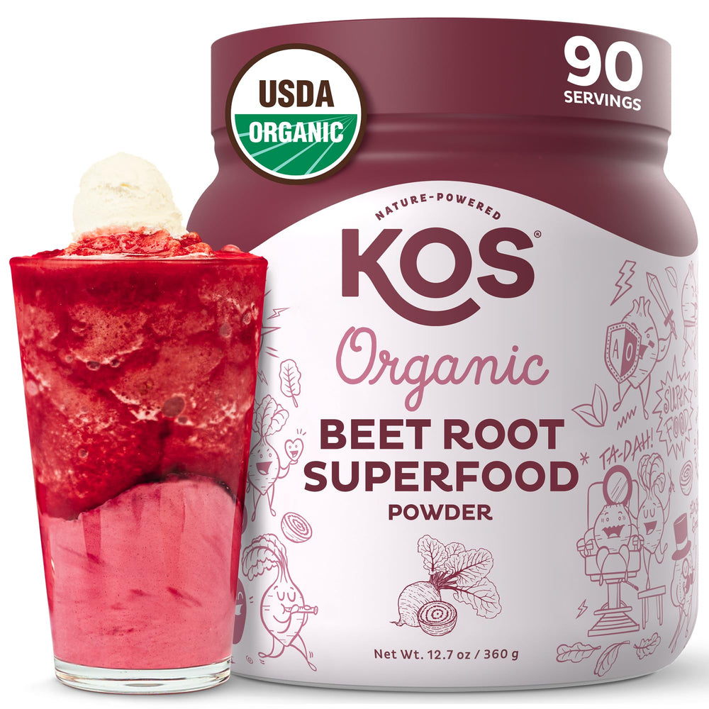 KOS Organic Beetroot Powder bottle highlights vibrant pink color for smoothies.