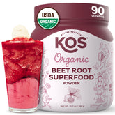KOS Organic Beetroot Powder bottle highlights vibrant pink color for smoothies.