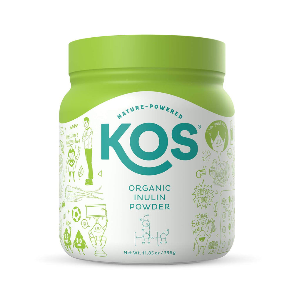 KOS Organic Inulin Powder bottle label shows vegan, non-GMO, and USDA-certified features.