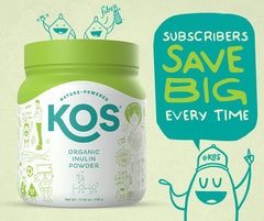 KOS Organic Inulin Powder dissolving in water illustrates quick, flavorless mixing for smoothies.