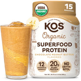 KOS Organic Plant Based Protein Powder tub with chocolate peanut butter flavor for vegan shakes