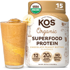 KOS Organic Plant Based Protein Powder tub with chocolate peanut butter flavor for vegan shakes