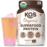 KOS vegan chocolate protein powder bag showing organic ingredients for a plant-based boost.