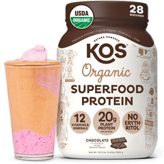 KOS vegan chocolate protein powder bag showing organic ingredients for a plant-based boost.
