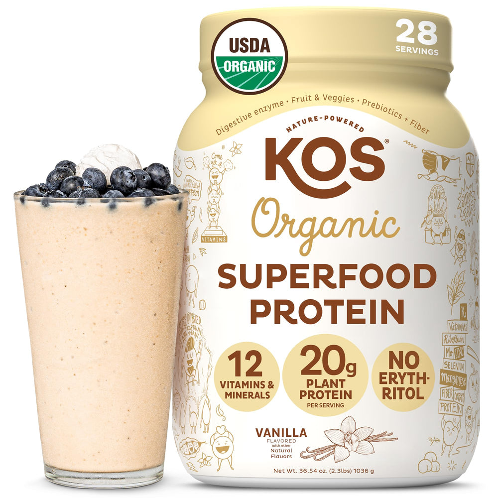 KOS Vegan Protein Powder Vanilla bottle highlights organic ingredients and dairy-free benefits.