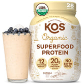 KOS Vegan Protein Powder Vanilla bottle highlights organic ingredients and dairy-free benefits.