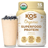 KOS vegan protein powder vanilla bottle highlights organic ingredients for clean, plant-based nutrition.