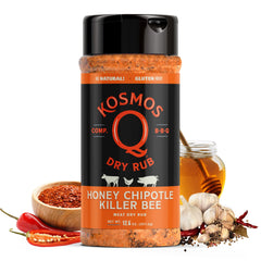 Kosmos Q Honey Chipotle Killer Bee rub bottle ready for flavorful grilling.