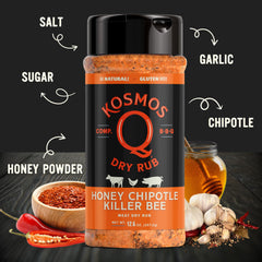 Kosmos Q Honey Chipotle Killer Bee rub on pork ribs for bold flavor.
