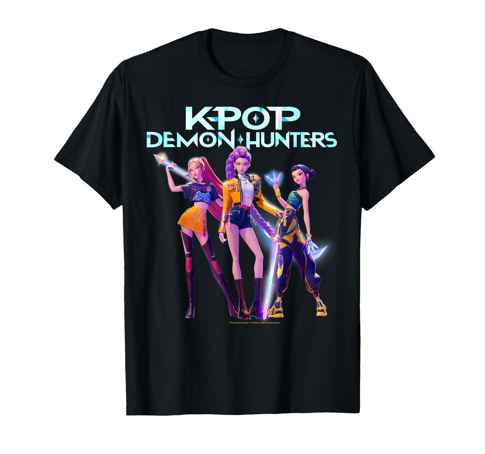 KPop Demon Hunters Huntrix group shot tee for fandom outfits and events.