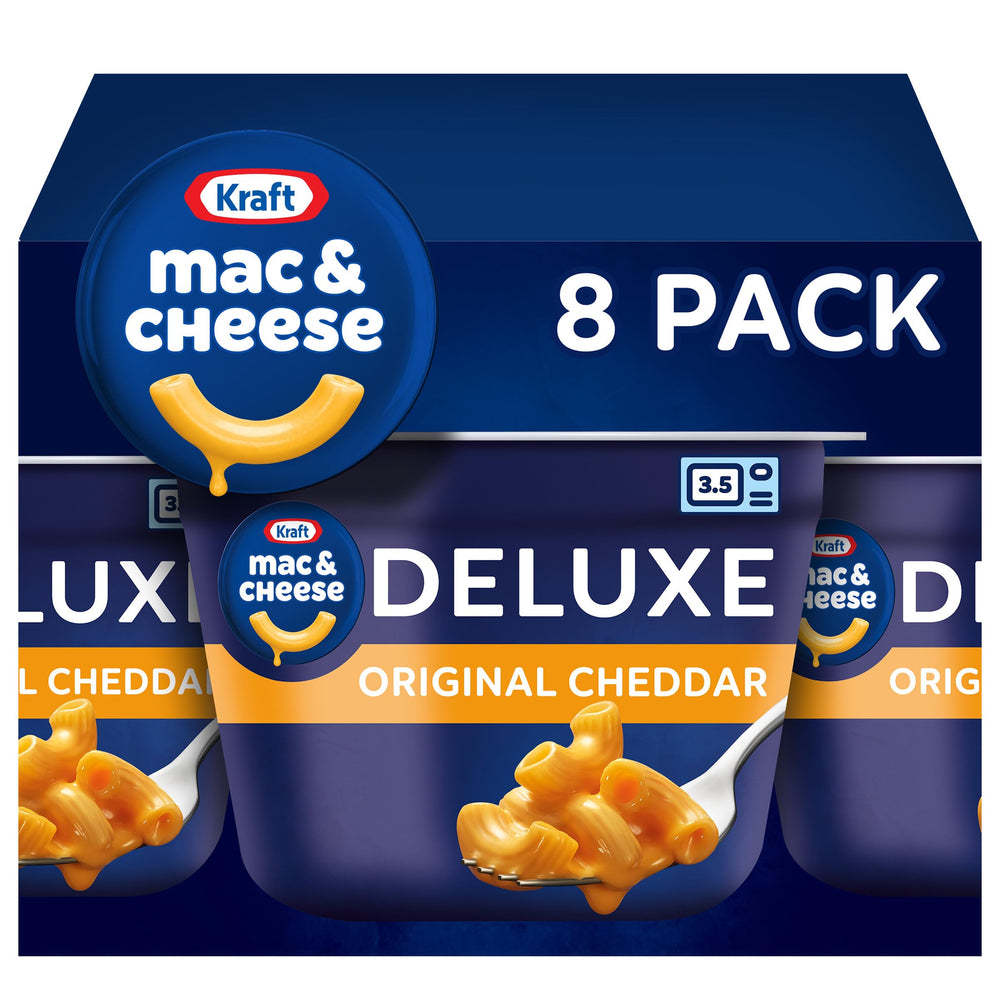 Kraft Deluxe Mac and Cheese Cups packaging showing eight microwavable meals for quick dinners
