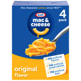 Kraft Mac and Cheese box front with four boxes for quick family dinners.