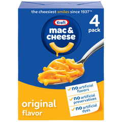 Kraft Mac and Cheese box front with four boxes for quick family dinners.