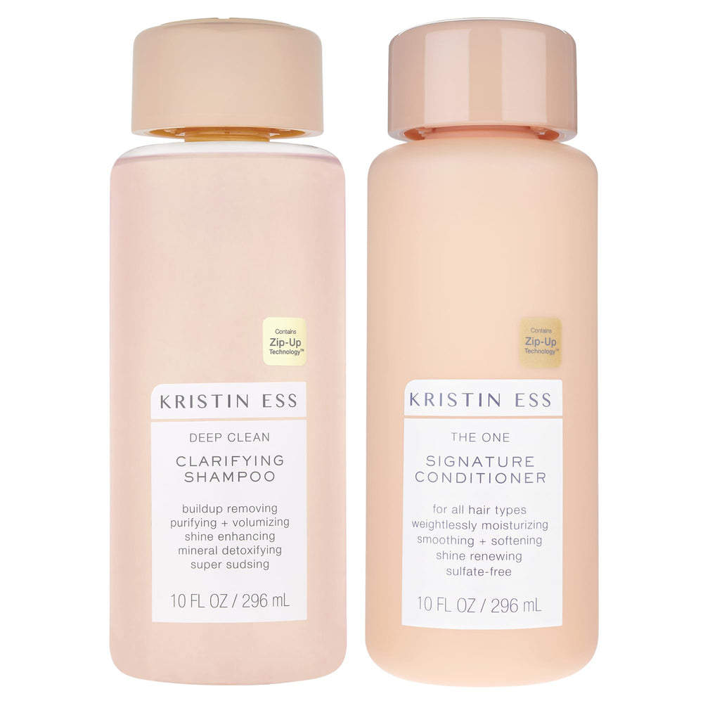Kristin Ess Deep Clean bottle featuring the clarifying duo for refreshed scalp and detangled hair