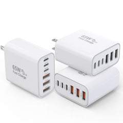 Kruidvat 3-pack 65W GaN charger front view powering multiple devices efficiently.