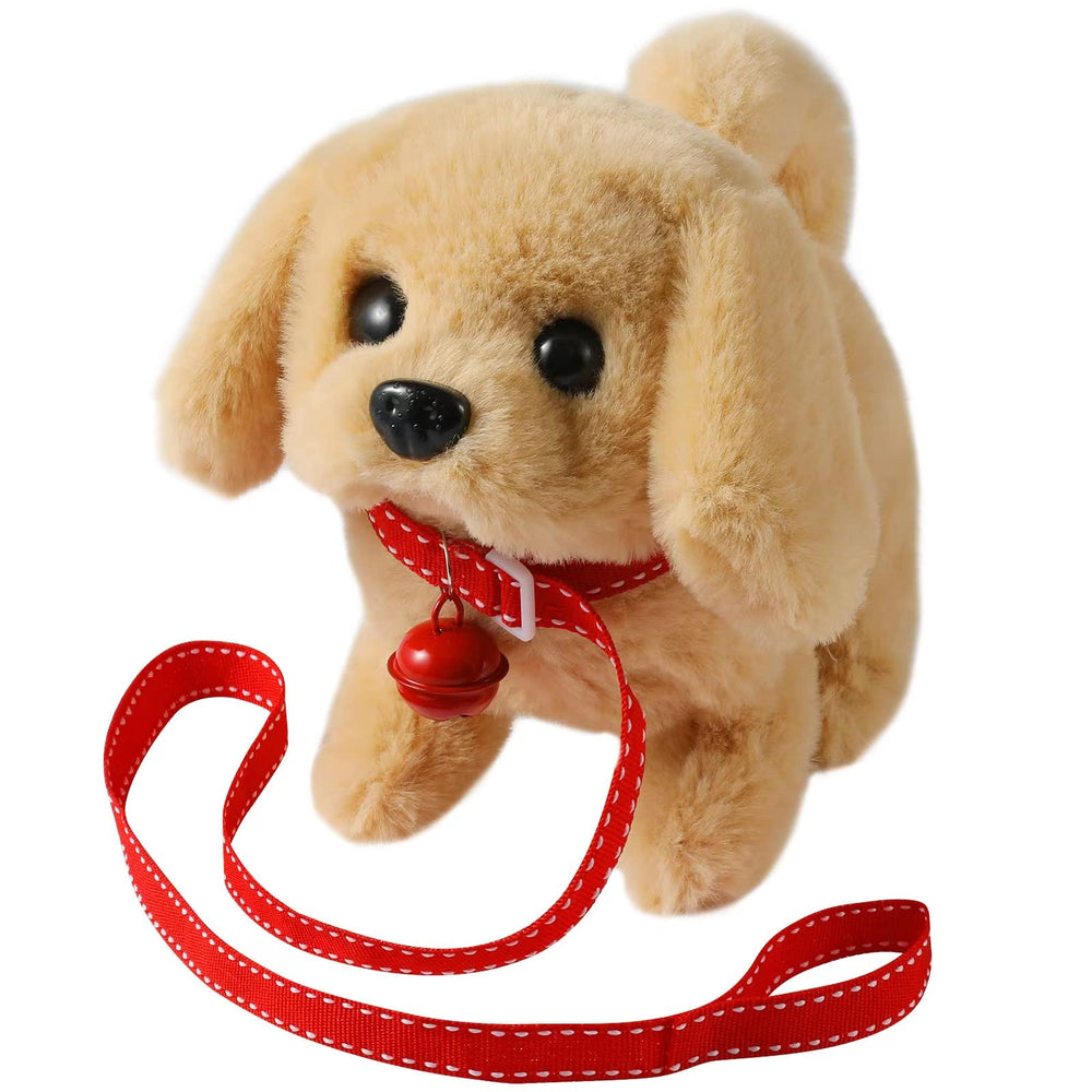 KSABVAIA plush golden retriever toy walking demonstrates soft motion for imaginative play.