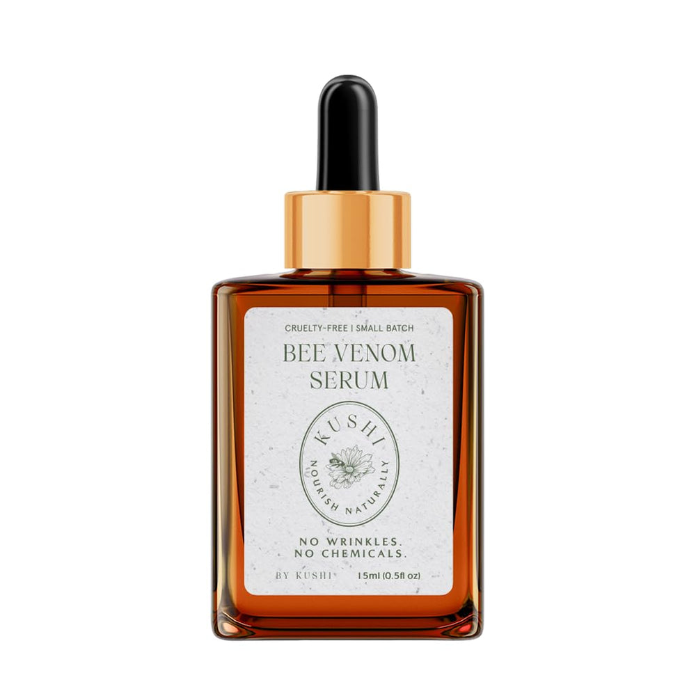 KUSHI Bee Venom Serum bottle close-up for hydrating skin.