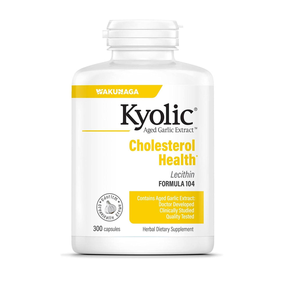 Kyolic Aged Garlic Extract Formula 104 bottle for odorless cardiovascular support.