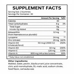 KYZTMHC Savanna Skin Gummies ingredients panel showing carotenoids and antioxidants for nourishing daily routines.
