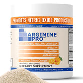 L-Arginine PRO orange powder dissolving in water for a pre-workout mix.