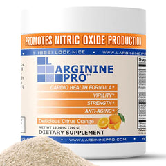 L-Arginine PRO orange powder dissolving in water for a pre-workout mix.