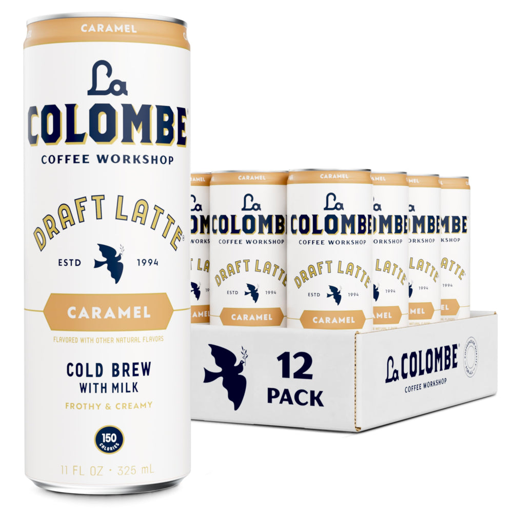 La Colombe Caramel Draft Latte can close-up with creamy foam, signaling rich texture.