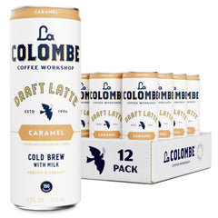 La Colombe Caramel Draft Latte can close-up with creamy foam, signaling rich texture.