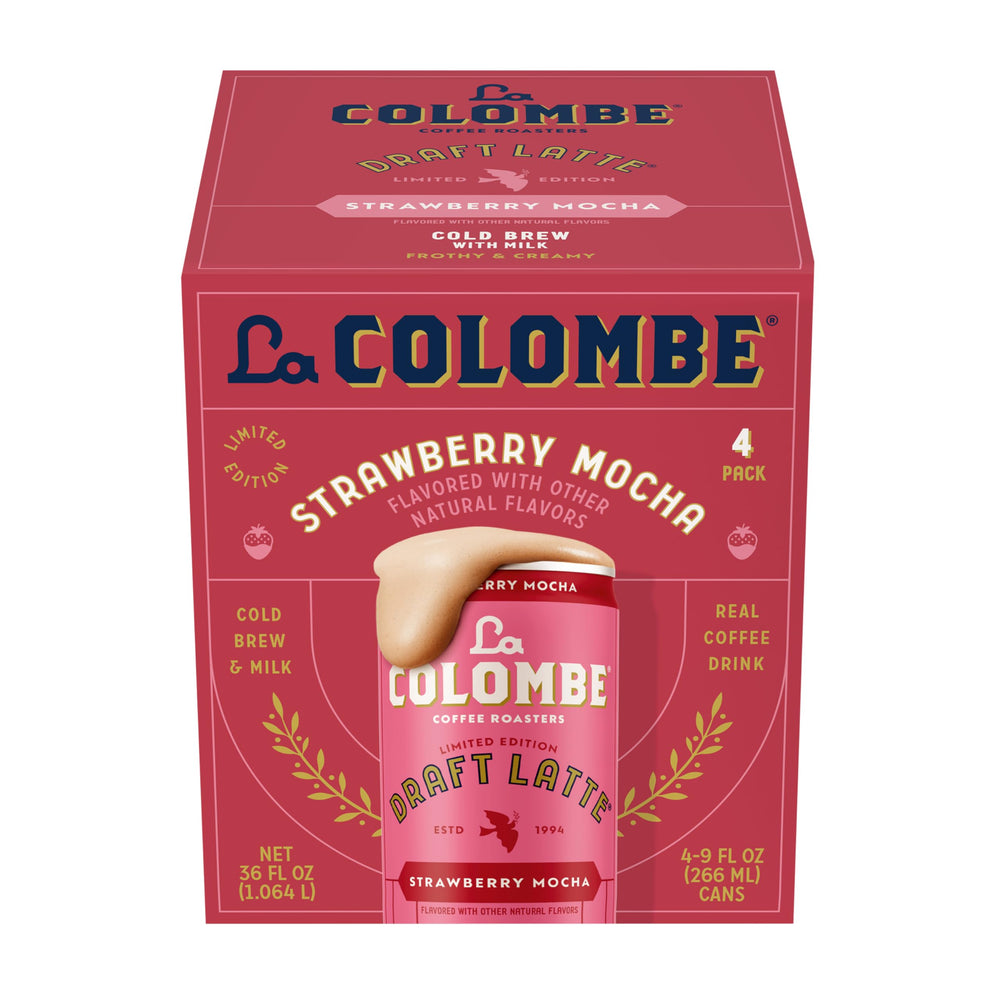 La Colombe Strawberry Mocha Draft Latte can front view for on-the-go refreshment