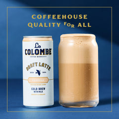 Close-up of creamy foam on La Colombe Vanilla Draft Latte can
